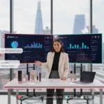 TikTok Shop LIVE studio in London with host, analytics overlays and shopping icons showing UK performance metrics and sales