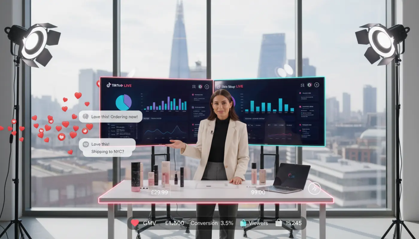 TikTok Shop LIVE studio in London with host, analytics overlays and shopping icons showing UK performance metrics and sales