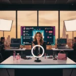 Professional TikTok LIVE studio in London with host, cameras and TikTok Shop UI overlays showing products and engagement