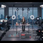 UK TikTok LIVE studio with host selling products, London skyline backdrop and on-screen shopping UI with £ prices and engagement icons.