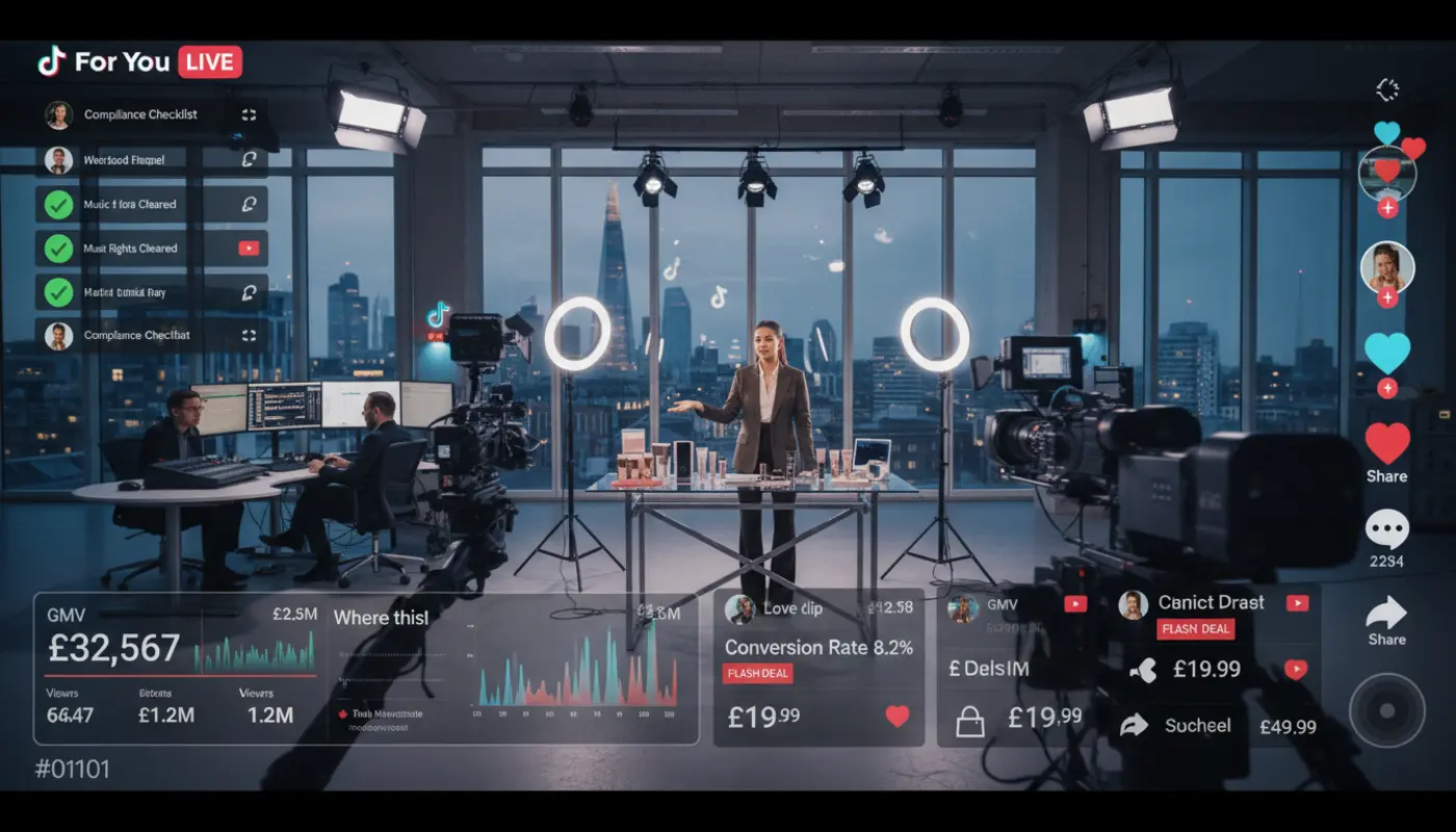UK TikTok LIVE studio with host selling products, London skyline backdrop and on-screen shopping UI with £ prices and engagement icons.
