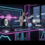 Cardiff creator presenting products in a TikTok Shop studio with floating UI icons and a subtle Cardiff skyline backdrop.