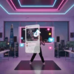 Modern UK TikTok studio with neon accents and floating TikTok UI elements in a cinematic widescreen layout.