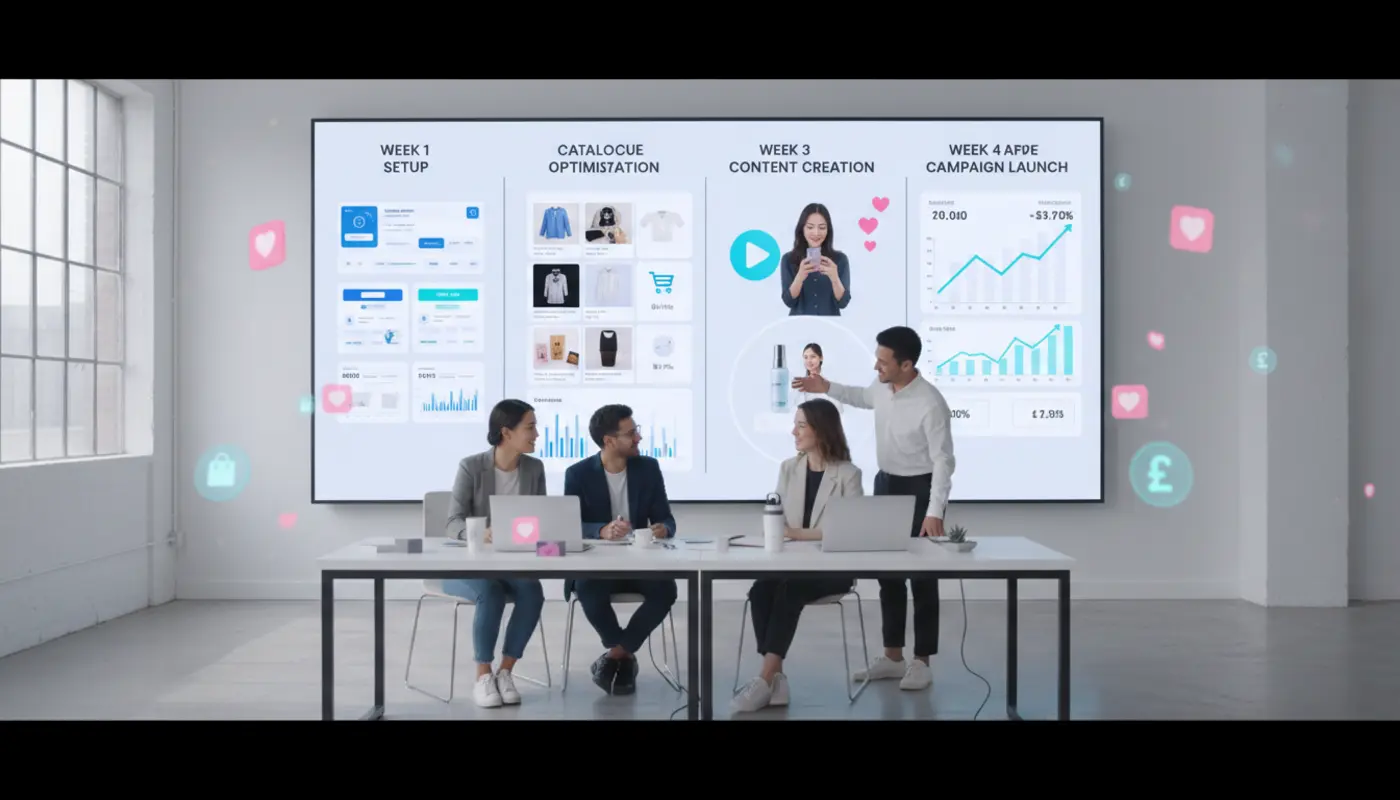 UK TikTok Shop agency onboarding process with team reviewing listings, content and analytics in a modern studio.