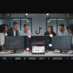 UK agency team analysing TikTok Shop sales growth with dashboards, £ symbols and ecommerce visuals.