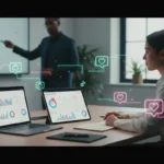 UK professional preparing a TikTok Shop agency brief with KPI dashboard and strategy visuals in a modern office.