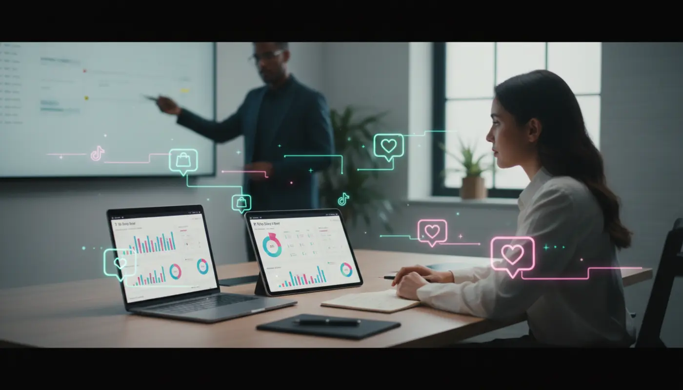 UK professional preparing a TikTok Shop agency brief with KPI dashboard and strategy visuals in a modern office.