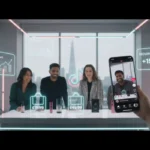 UK TikTok Shop studio with creators filming ambassador content, showing sales growth and GMV analytics overlays.