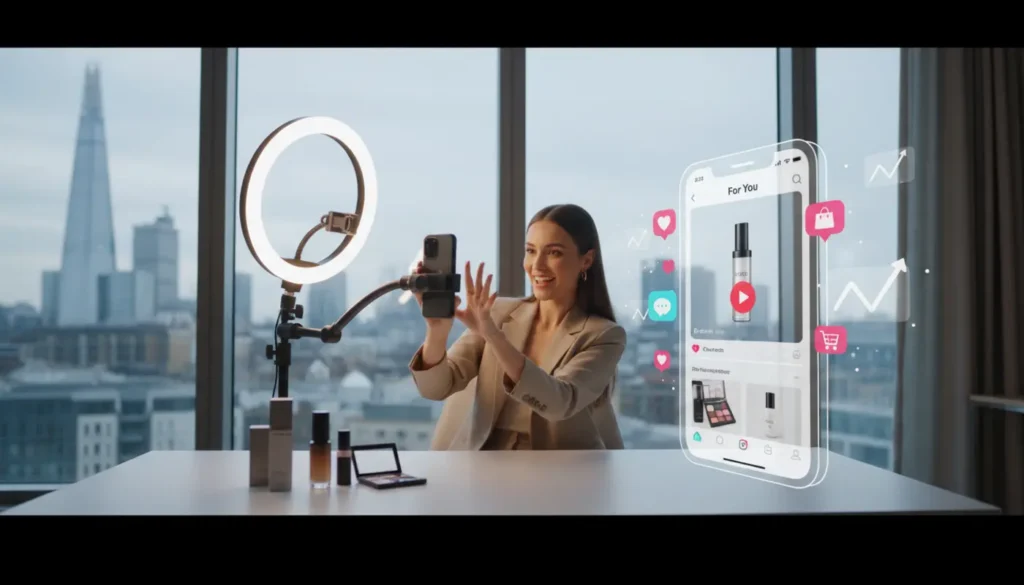 London creator filming TikTok Shop product demo with UI icons, £ pricing and engagement signals in a bright UK studio.