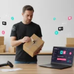 UK TikTok Shop seller inspecting damaged parcel with dashboard and social icons in a clean studio setting.
