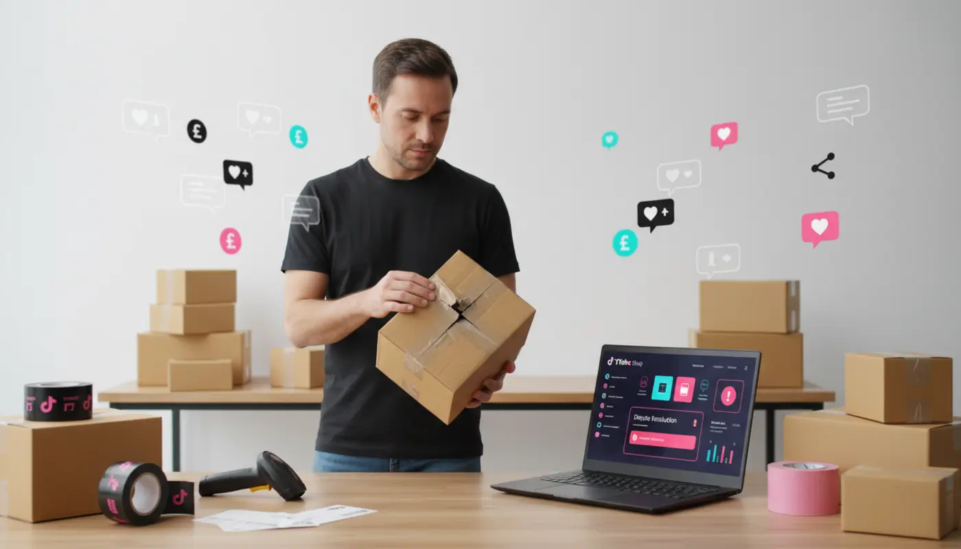UK TikTok Shop seller inspecting damaged parcel with dashboard and social icons in a clean studio setting.