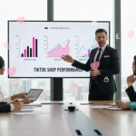 UK boardroom presentation of TikTok Shop performance with revenue charts and investor discussion