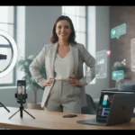 UK TikTok creator filming content in a bright studio with subtle app icons and professional setup.