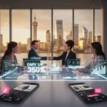 London TikTok Shop creators and brand team analysing sales growth and partnerships in a modern studio with TikTok UI overlays.