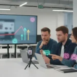 UK TikTok Shop team analysing poor performance with flat sales graph and ecommerce dashboard in a modern studio.