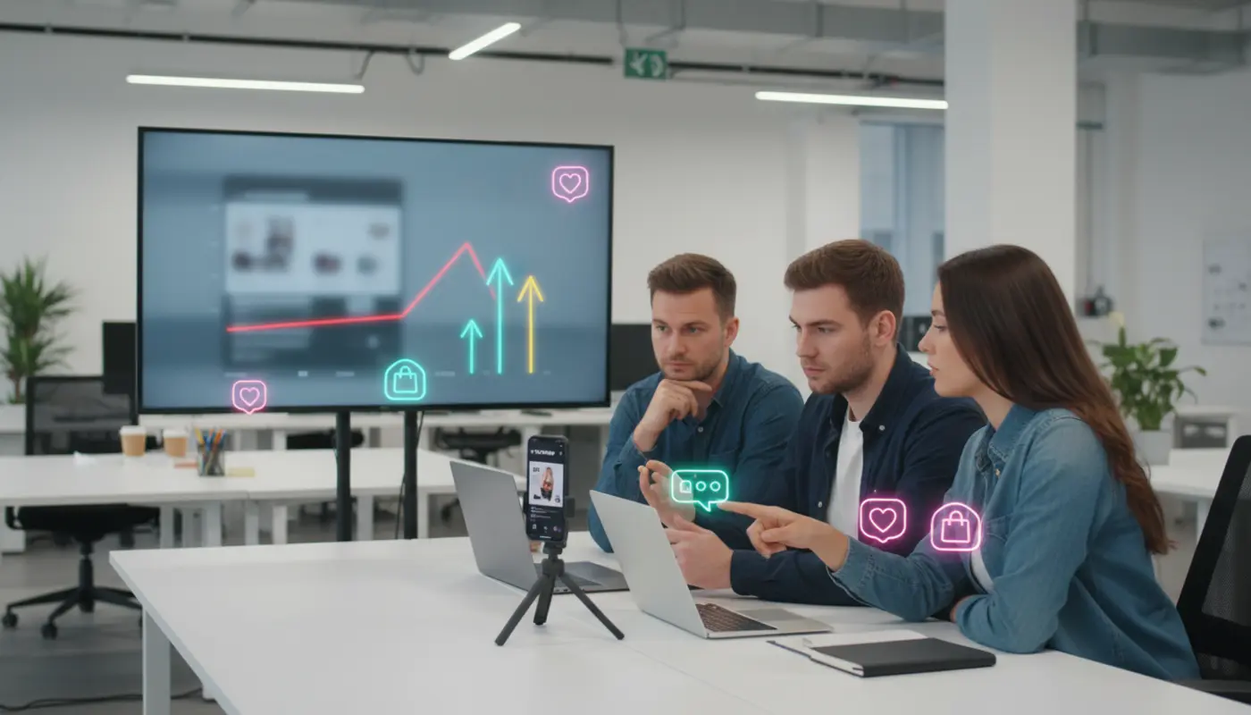 UK TikTok Shop team analysing poor performance with flat sales graph and ecommerce dashboard in a modern studio.