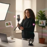 UK TikTok creator filming in a modern studio with subtle app icons and neon accents.