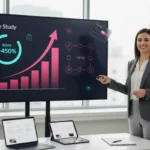 UK TikTok Shop agency presenting clear case study with growth metrics and structured visuals in modern office.