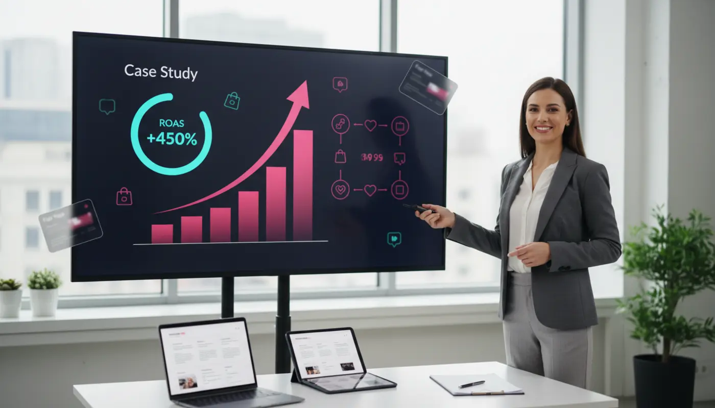 UK TikTok Shop agency presenting clear case study with growth metrics and structured visuals in modern office.