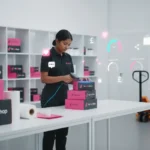 UK TikTok Shop seller packing orders with SLA metrics and icons in a clean fulfilment studio.