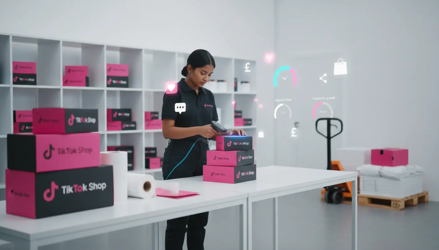 UK TikTok Shop seller packing orders with SLA metrics and icons in a clean fulfilment studio.