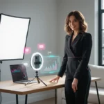 UK TikTok creator studio setup with phone, lighting and subtle TikTok UI icons in a bright modern space.