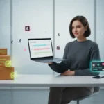 UK TikTok Shop seller checking payout status with delivery icons and £ symbols in a bright studio setting.