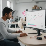 UK TikTok Shop seller reviewing ROAS analytics with products and growth metrics in a bright studio setting.