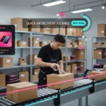 TikTok Shop UK warehouse packing orders fast with delivery icons and social UI showing quick shipping and conversion.