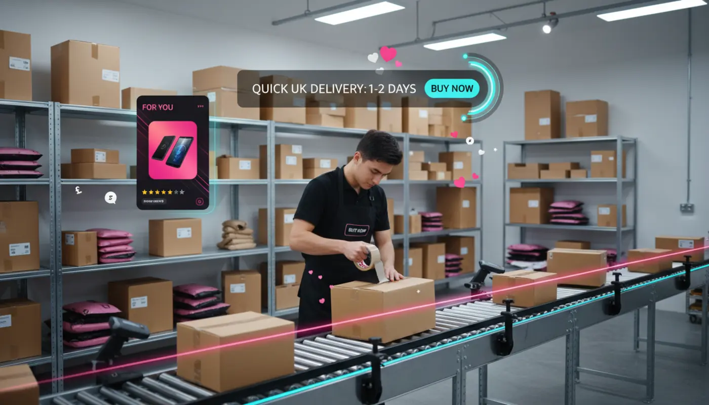 TikTok Shop UK warehouse packing orders fast with delivery icons and social UI showing quick shipping and conversion.