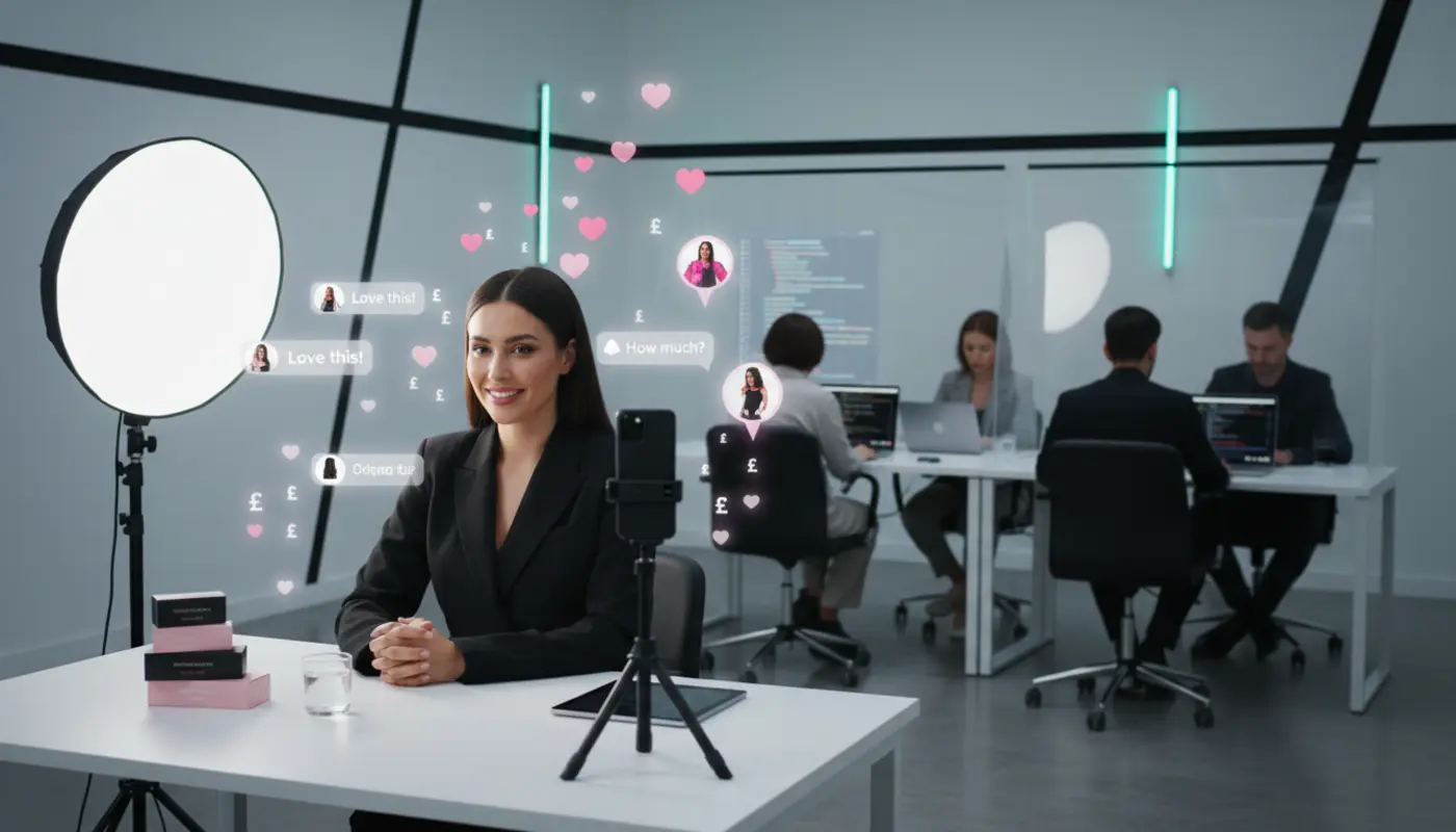 TikTok Shop LIVE studio setup in a UK agency with presenter and subtle white-label production support visuals.