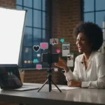 TikTok creator filming content in a modern UK studio with social media icons and clean lighting