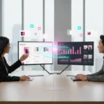 UK TikTok Shop team transitioning management with analytics screens, creators and ecommerce visuals in a modern office.