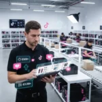 UK TikTok Shop warehouse with staff packing orders and digital sales icons showing fast 3PL fulfilment
