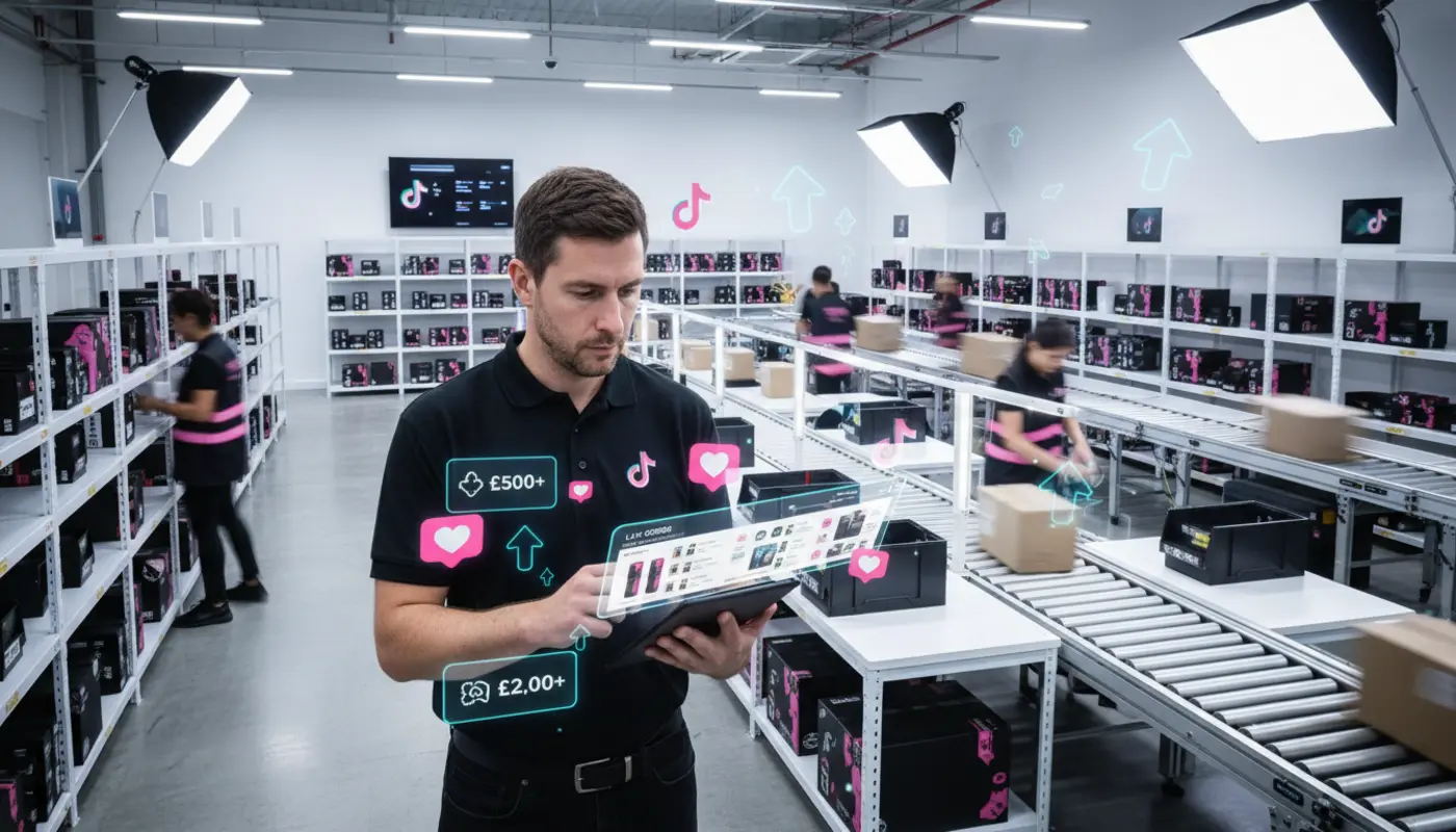 UK TikTok Shop warehouse with staff packing orders and digital sales icons showing fast 3PL fulfilment