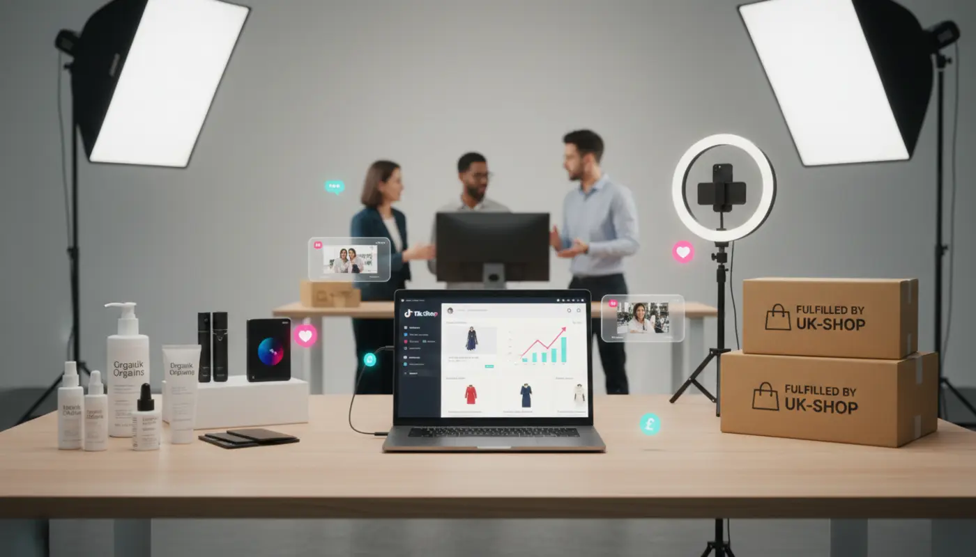 UK TikTok Shop workspace showing product listings, creators and analytics in a managed ecommerce setup.