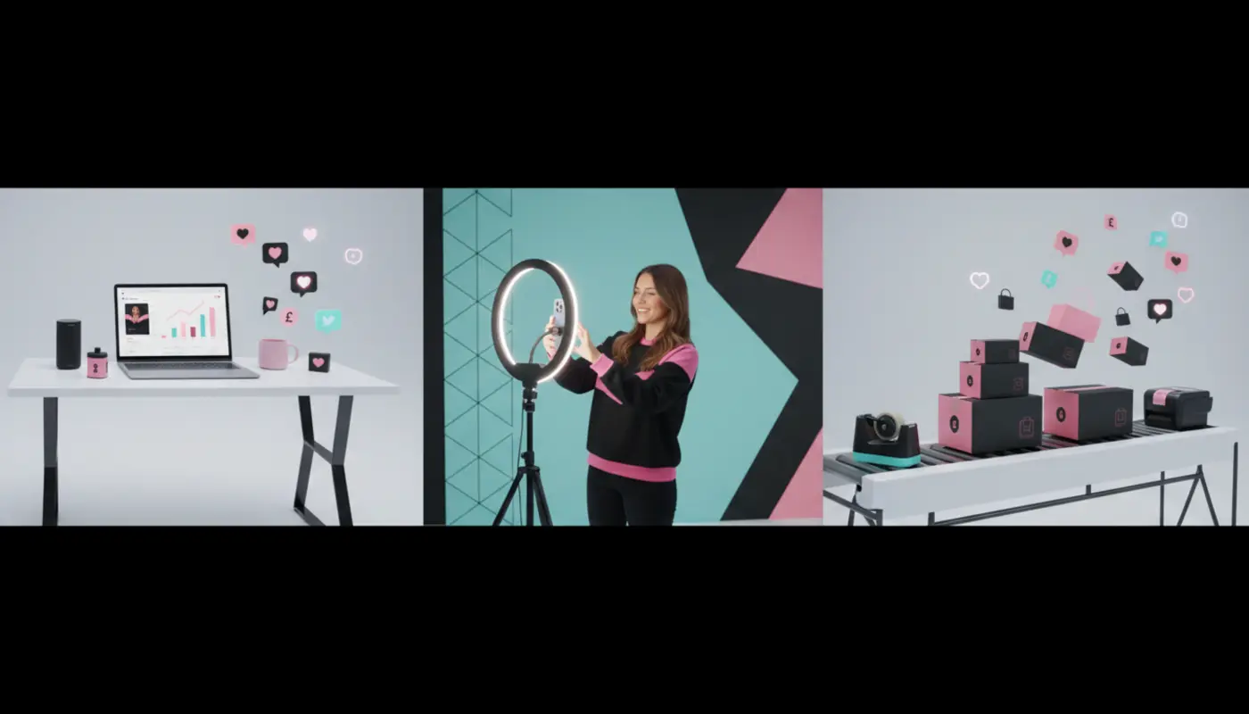 TikTok Shop UK growth journey showing setup, creator content and scaling orders in a clean studio scene.