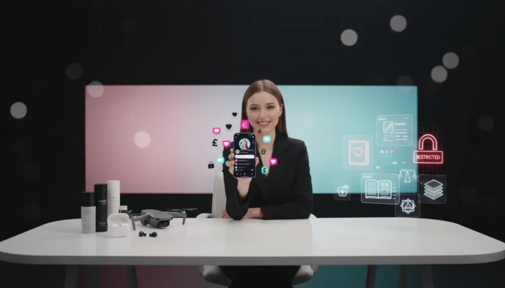 TikTok Shop UK setup showing physical products and restricted digital goods concept in a modern studio.