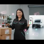 UK TikTok Shop seller packing orders with delivery timeline graphics and parcels in a bright fulfilment studio.