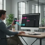 UK creator linking TikTok account to Ads Manager on desktop and mobile in a modern studio setup.