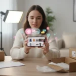 UK shopper using TikTok Shop app with free shipping voucher icons and parcels in a bright modern setting.
