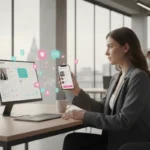 UK TikTok Shop user contacting customer support via app and laptop in a modern office setting.