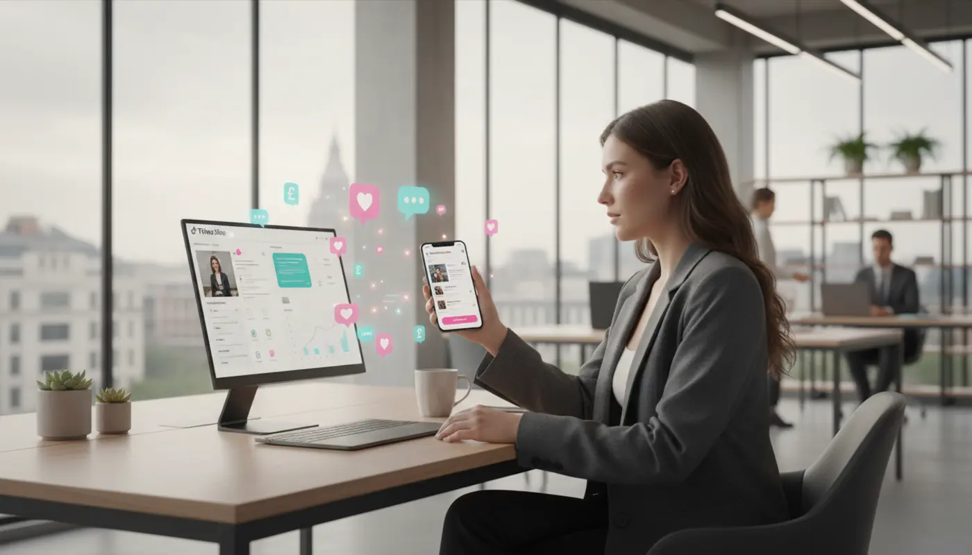 UK TikTok Shop user contacting customer support via app and laptop in a modern office setting.