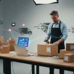 UK TikTok Shop seller packing parcels with multiple couriers and delivery icons in a modern studio setting.