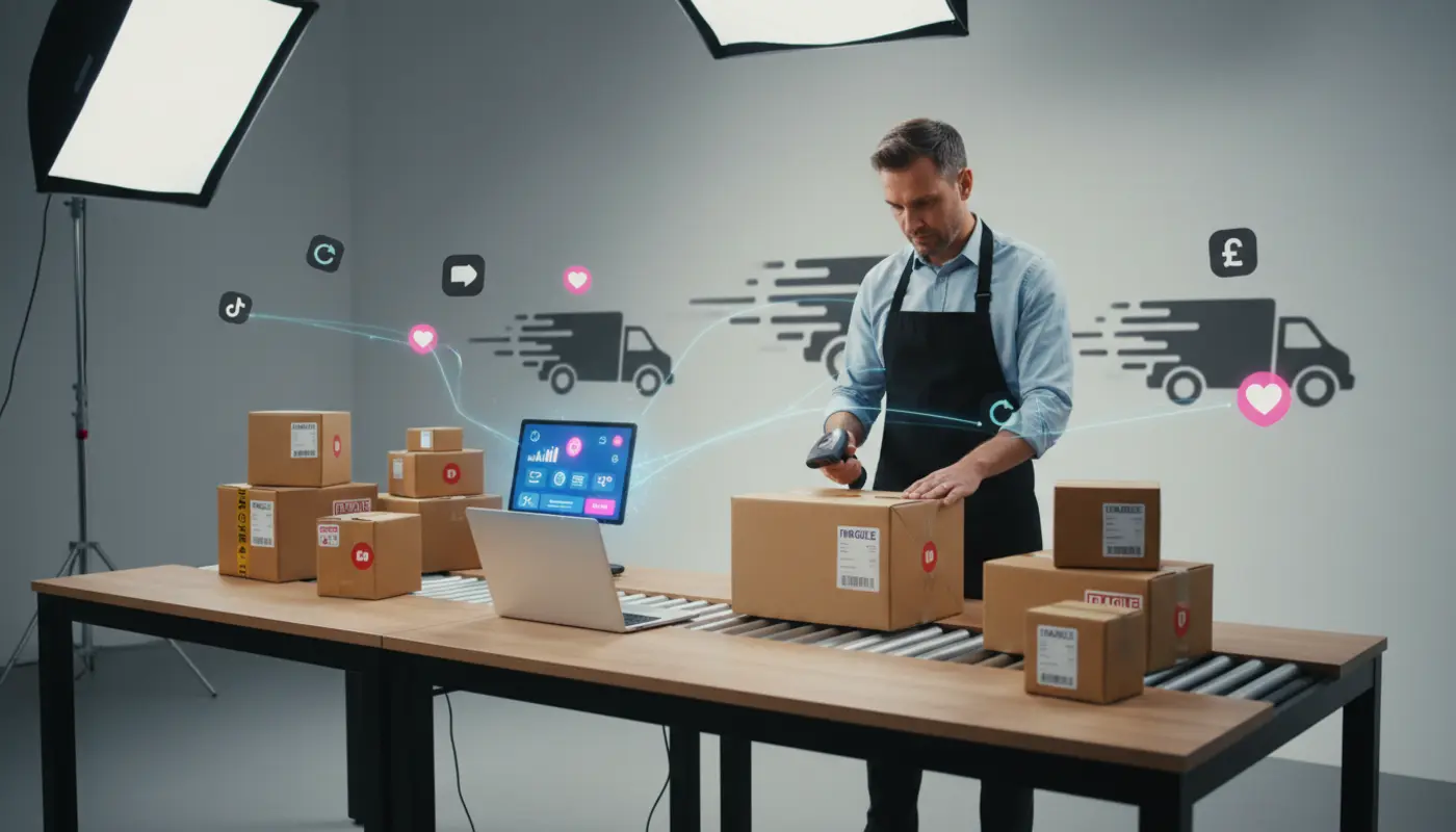 UK TikTok Shop seller packing parcels with multiple couriers and delivery icons in a modern studio setting.