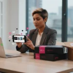 UK shopper using TikTok Shop app with parcels and security icons showing safe online shopping.