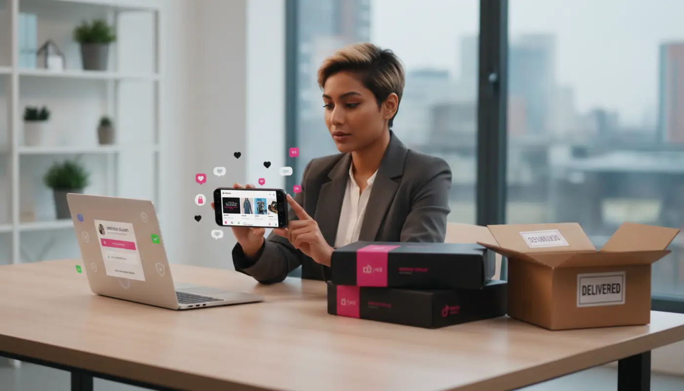 UK shopper using TikTok Shop app with parcels and security icons showing safe online shopping.