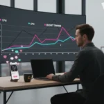 UK creator analysing TikTok advertising costs and metrics on a clean studio dashboard with TikTok UI elements.