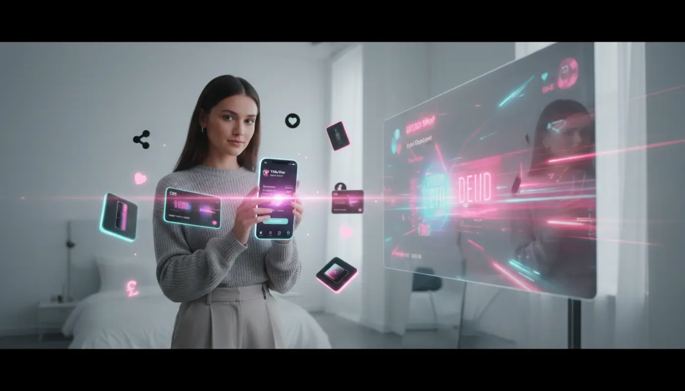 UK shopper using TikTok Shop app with vouchers and live deals on smartphone in a bright modern setting.