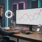 UK TikTok ad optimisation workspace showing reduced costs and improved performance on screen with creator studio setup.